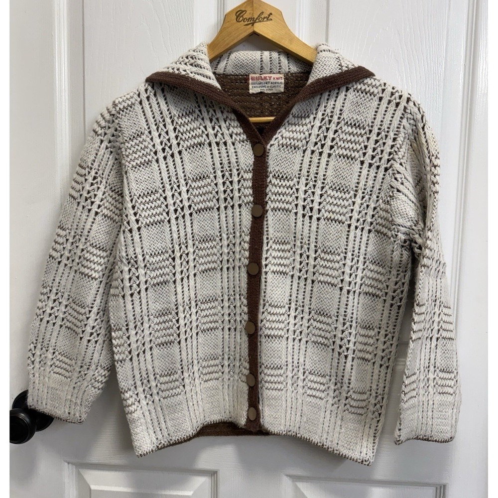 Vintage Bulky Knit Cardigan Open Weave Collar ButtonGranny 1960s-70s Acrylic USA